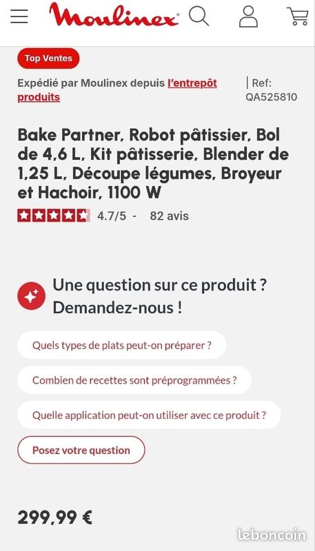 Robot moulinex neuf 1100WMoulinex Bake Partner, Robot pâtissier, Puissance 1100 W, Bol inox 4,6L, Batteur, Fouet, Pétrin, Blender, Découpe-légumes, Résultat homogène, Noir, QA522810 (image 1)