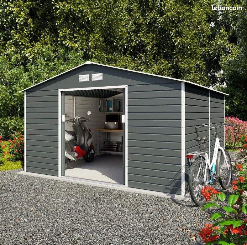 Abri jardin métal 10,86 m² + kit ancrage abri métal stockage bois abri bois rangement outils XXL (image 1)