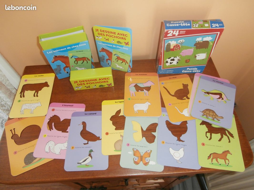 Lot de 2 puzzles + 1 boite pochoirs animaux en très bon état (image 2)