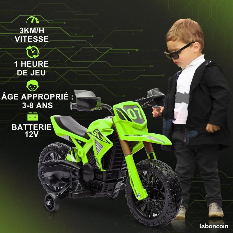 AIYAPLAY Moto Électrique Enfants sous Licence Aprilia 2 Moteurs 12V Blanc | Moto Cross pour Enfant, Vitesse Max. 6 km/h, Roues d'Entraînement, Suspension à Ressort, Lumière LED, Musique, USB