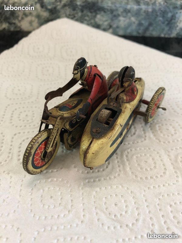 Rare SFA Paris - Jouet en tôle 756 Sidecar militare 1930 1940 France moto fonctionne (image 1)