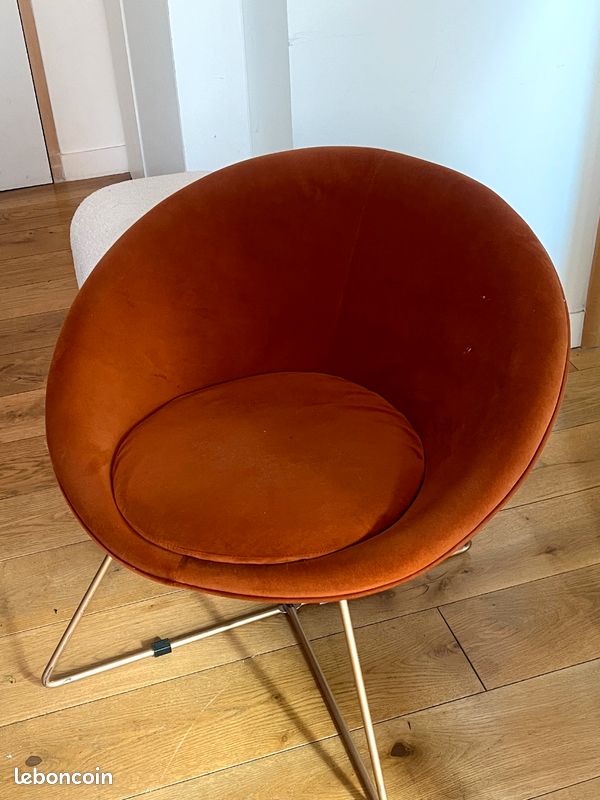Fauteuil crapaud, velours orange - SA - Antiquités décoration