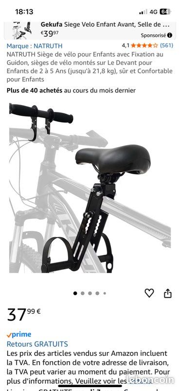 Siège Vélo Enfant NATRUTH Avec Fixation Au Guidon – Montage Avant