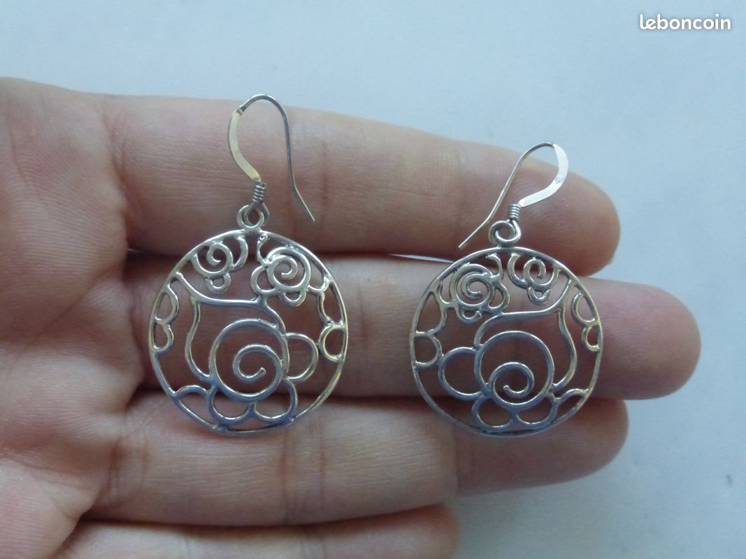 Boucles d'oreilles pendantes argent massif 925 poinçon 4,30gr h. 4cms, ambre Baltic 2,90gr h.3cm tbé (image 1)