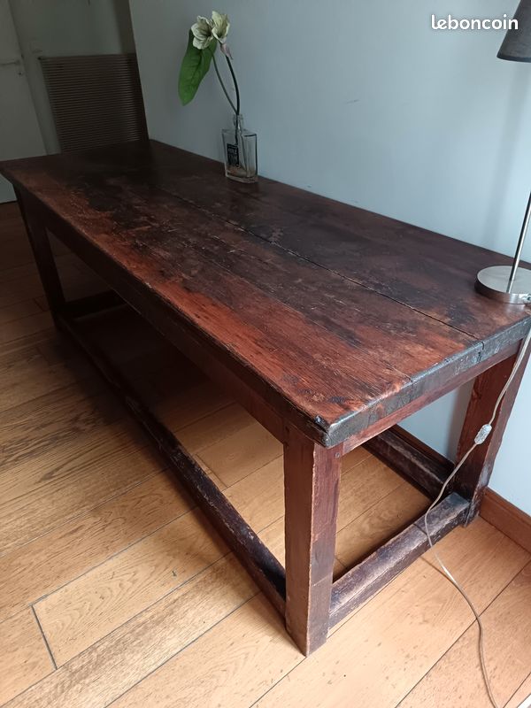 Ancienne table de ferme étroite en bois massif 2m – Bureau de métier rustique chic (image 4)