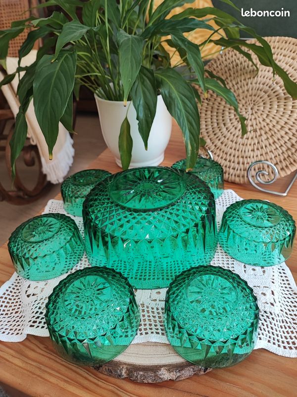 Saladier Vert émeraude Arcoroc Avec 6 Coupelles – Verre Résistant, Service Vaisselle Vintage