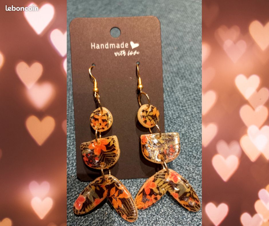 Boucles D'oreilles Coeur Orange En Fimo - Neuves Sans Emballage Dormeuses
