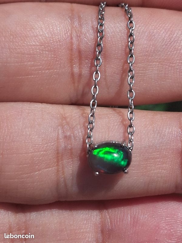 Collier acier inoxydable avec opale coulissante noire/verte de 8x5mm éthiopienne (image 8)