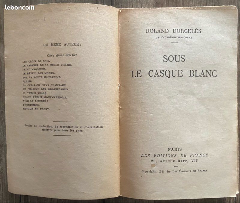 Sous le Casque Blanc, R. Dorgelès, Éditions de France, 1941 (image 2)