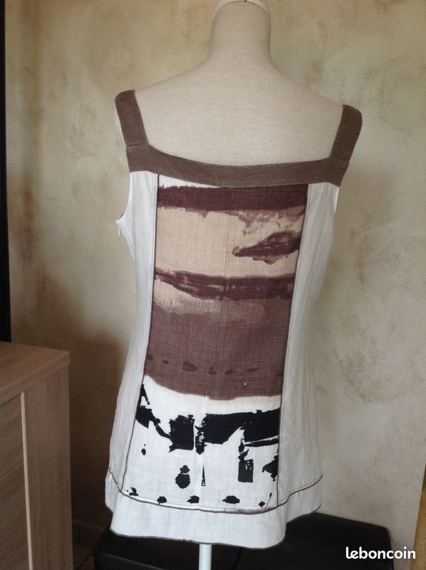 Top en lin beige et marron T 44 (image 2)