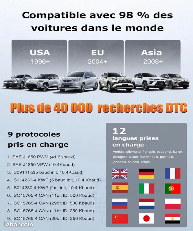Valise Diagnostic Auto OBD2 Français - Lecteur De Codes Panne Moteur - Compatible BMW, Audi, Peugeot, VW Et Plus