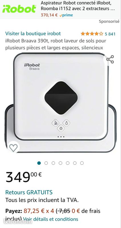 Robot Laveur IRobot Braava 390t – Nettoyage Silencieux, 3 Passages, Pour Carrelage, Parquet, Pierre, Livré Avec 4 Lingettes