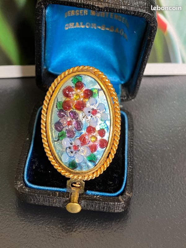 Broche Ancienne Fleurs émaillées Le Cheylard Ardèche Vers 1970 - Laiton, Très Bon état