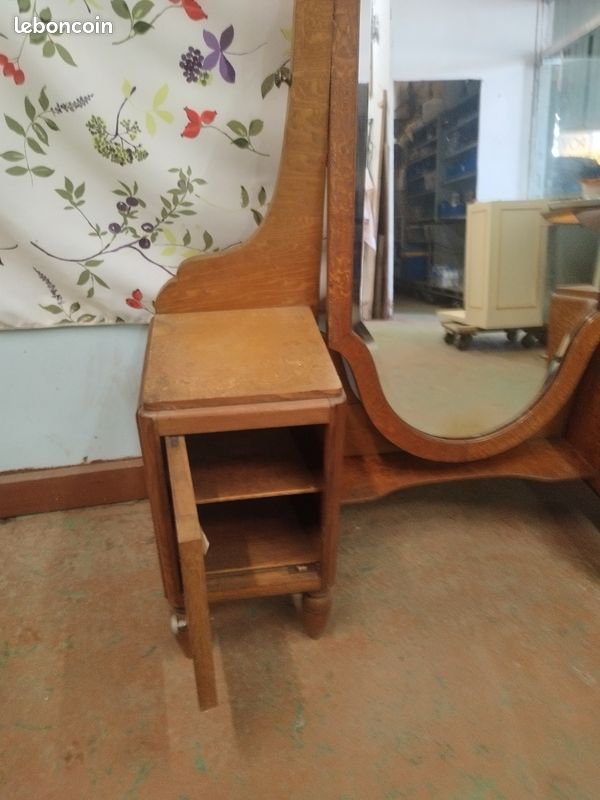 Coiffeuse psyché Art déco en chêne massif un miroir biseauté pivotant et un petit meuble de chaque côté (image 3)