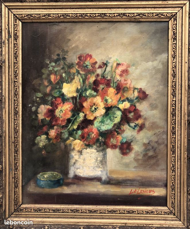 Tableau bouquet de fleurs nature morte peinture à l'huile signé "Lelesieur" (image 4)