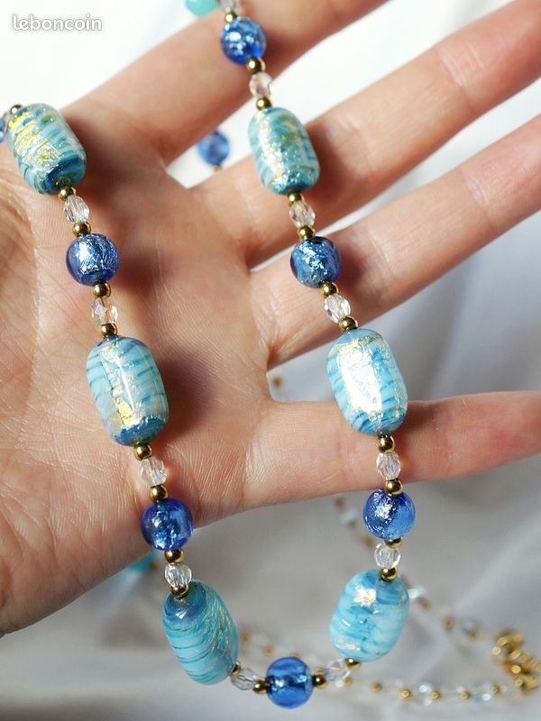 Collier Vintage En Perles De Murano Verre Irisé - Longueur 47cm - Laiton - Occasion Bon état