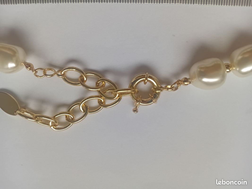 Collier Chaîne Or Avec Perles Nacrées Blanches - Bijou Vintage Style Années 80 - Occasion