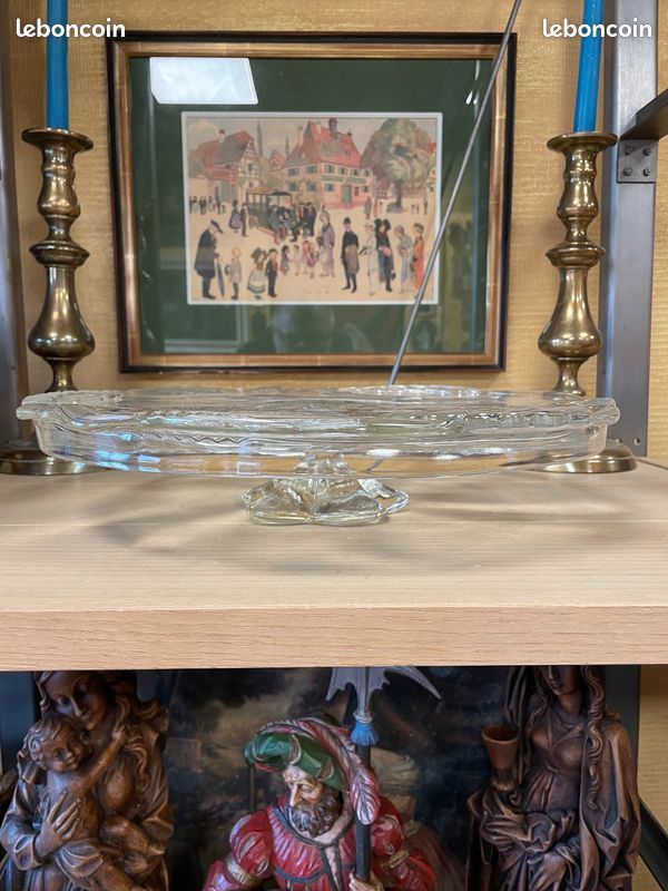 GRAND PLAT À Tarte en Verre Pressé-Moulé Dépoli - Décor Deux Cygnes - Vintage EUR 25,00 - FR
