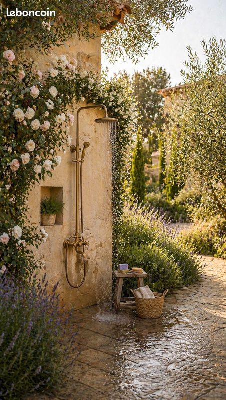 Système de douche extérieure en laiton antique, douche de jardin vintage à effet pluie, robinetterie murale extérieure, douche de terrasse méditerranéenne (image 1)