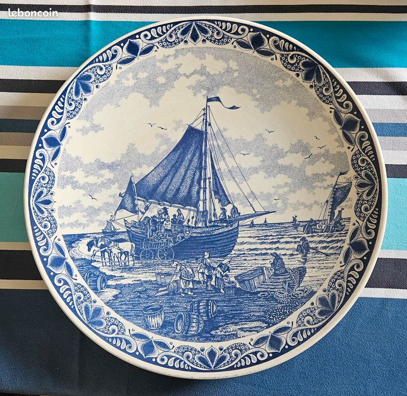Ancien Plat Mendiant Royal Bonn / Delft – Décor Moulin Et Bateau Bleu Sur Fond Blanc