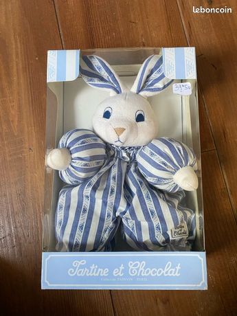 Peluche Lapin Hochet Rayé Bleu Et Blanc - Tartine Et Chocolat, 25 Cm