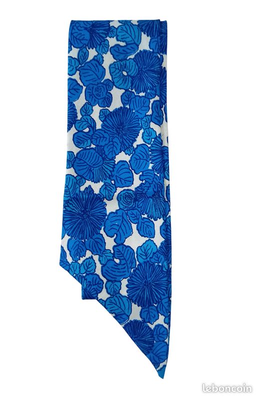 Echarpe en soie 1970s design fleurs bleues géométriques vintage (image 2)