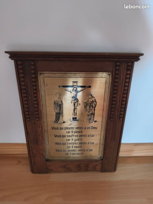 Article religieux plaque dévote en bois laiton gravé (image 1)