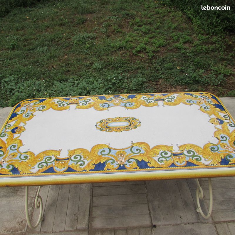 Modèle unique Table de Salle à manger ou de Jardin plateau émaillé peint à la main style Versace (image 2)