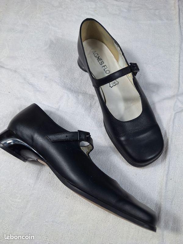 Babies Talon Vintage Cuir Noir Bride Bout Carré Automne Hiver Mary-Jane 36 - Chaussures