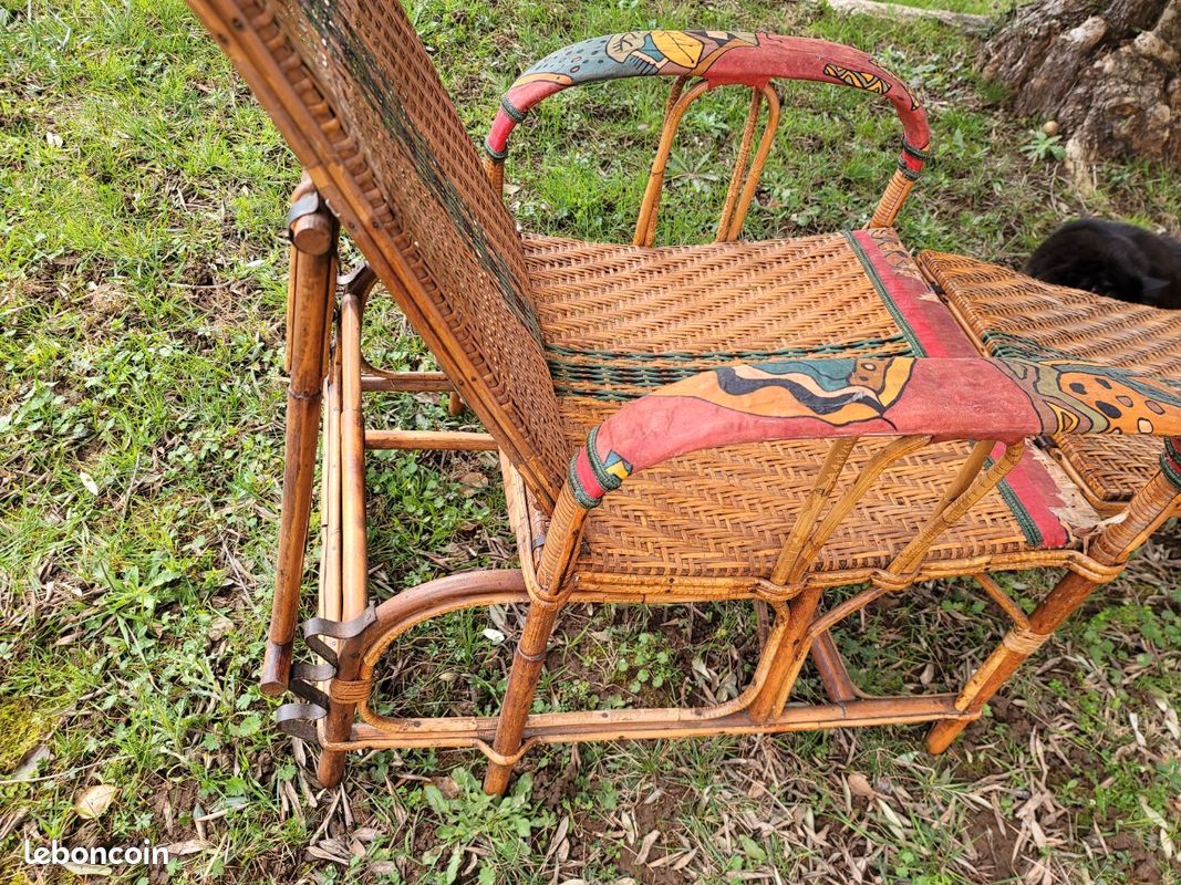 Chaise Longue Ancienne Inclinable - Osier Et Rotin - Dimensions 140x80x90 Cm - Occasion