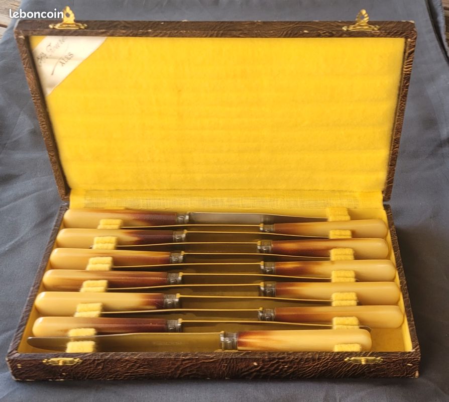 Ancien Coffret 12 Couteaux de Table Art Déco Inox & Manches Façon Corne Alès (image 1)
