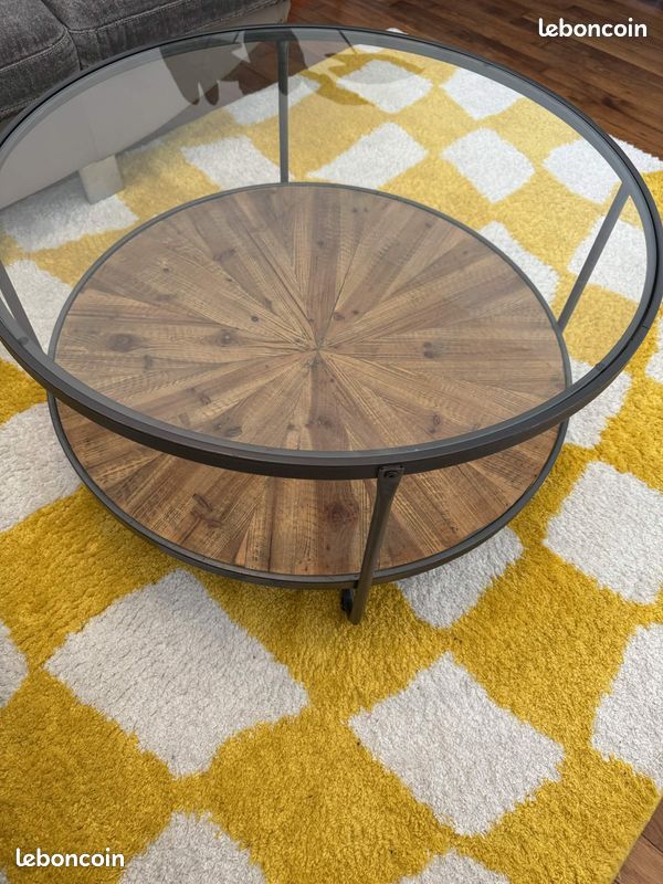 Table basse ronde style industriel, verre et bois de sapin, plateau double (image 2)