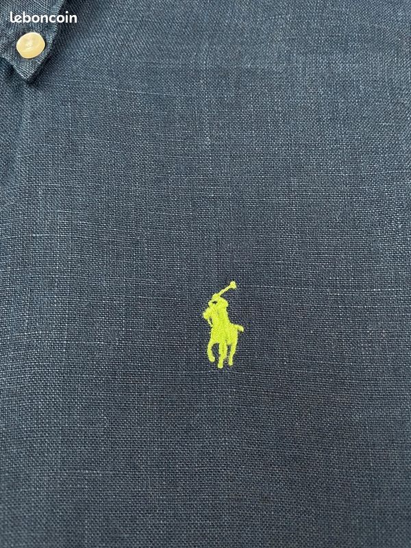 Chemise bleu marine 100% lin logo brodé jaune Ralph Lauren #B211 - Taille L (image 3)