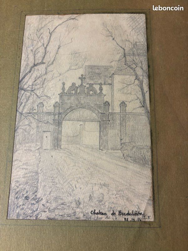 Becdelièvre : dessin du château signé L.V.le 26déc.1916 20,5x13cm (image 2)