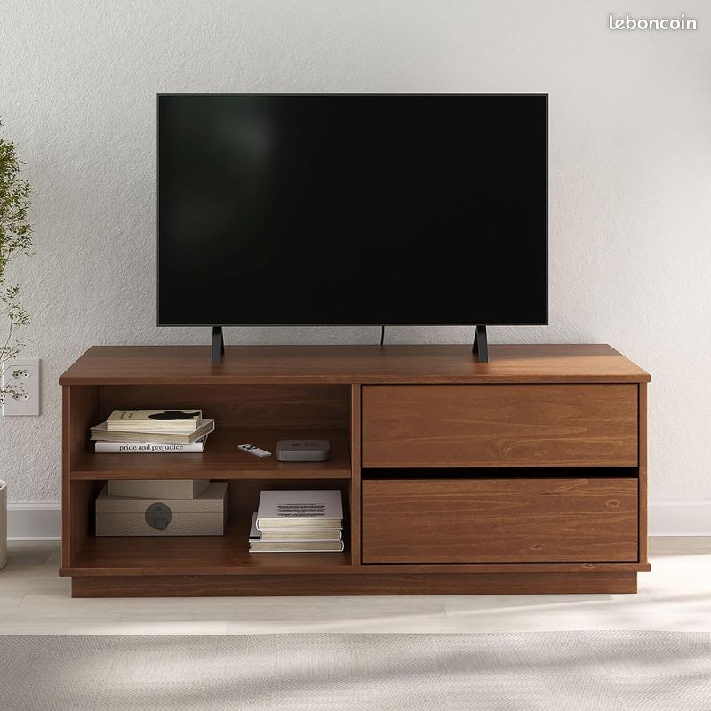 Meuble TV en Pin Massif Châtaignier – 110 cm – 2 Tiroirs & 2 Niches – Design Naturel & Robuste pour Écran jusqu'à 47 Pouces (image 5)