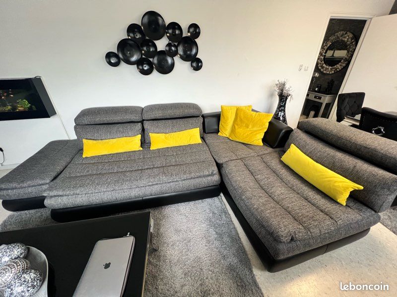 Magnifique canapé XXL (gris anthracite chiné et base cuir) (image 1)