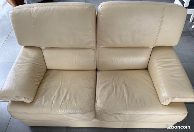Canapé Cuir Beige – 2/3 Places – 200 Cm – Bon État – Occasion