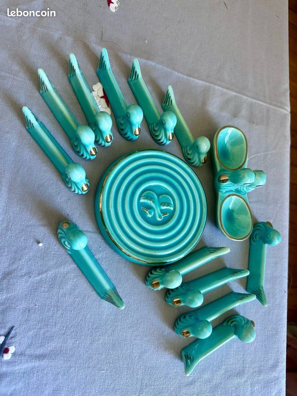 Porte-couteau Tricoté Faïence Art Déco – Vert, Fabriqué En France, Années 1920-1940