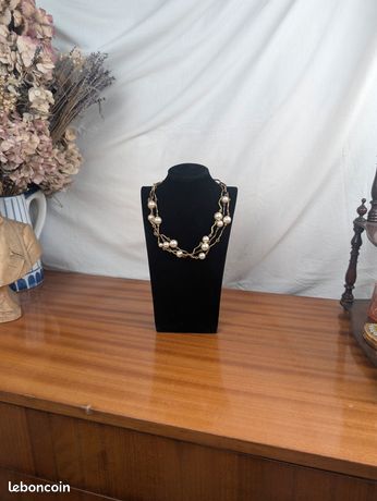 Collier Choker Vintage 3 Rangs Perles Acrylique Et Métal Doré Biche De Bere