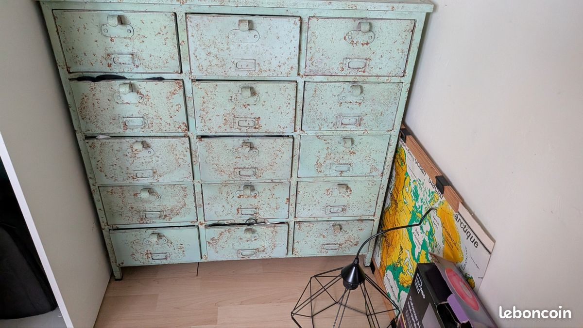 Buffet commode 15 tiroirs style métier atelier métal vert d'eau patiné style industriel (image 3)