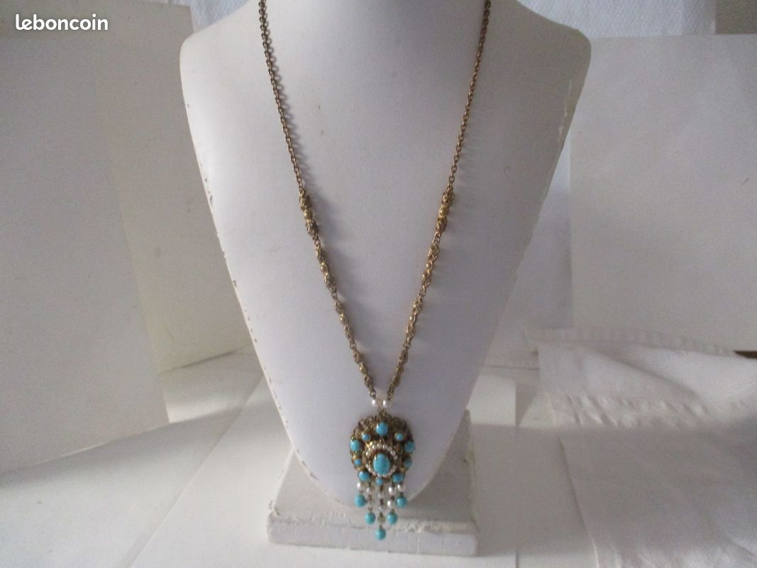 Collier Ancien Perles Pâte De Verre Bleu Turquoise - Attribué à Louis Rousselet