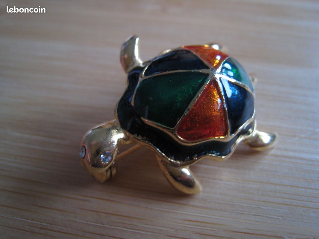 Broche Vintage Tortue En Alliage Doré Et Strass - Bijou Ancien En Verre Et Métal