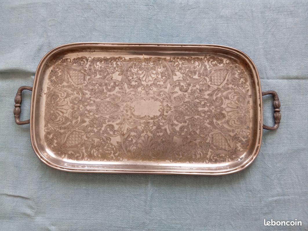 Grand Plateau Ancien En Métal Argenté – Style Vermeil, Fabrication 1920-1949, 1,25 Kg