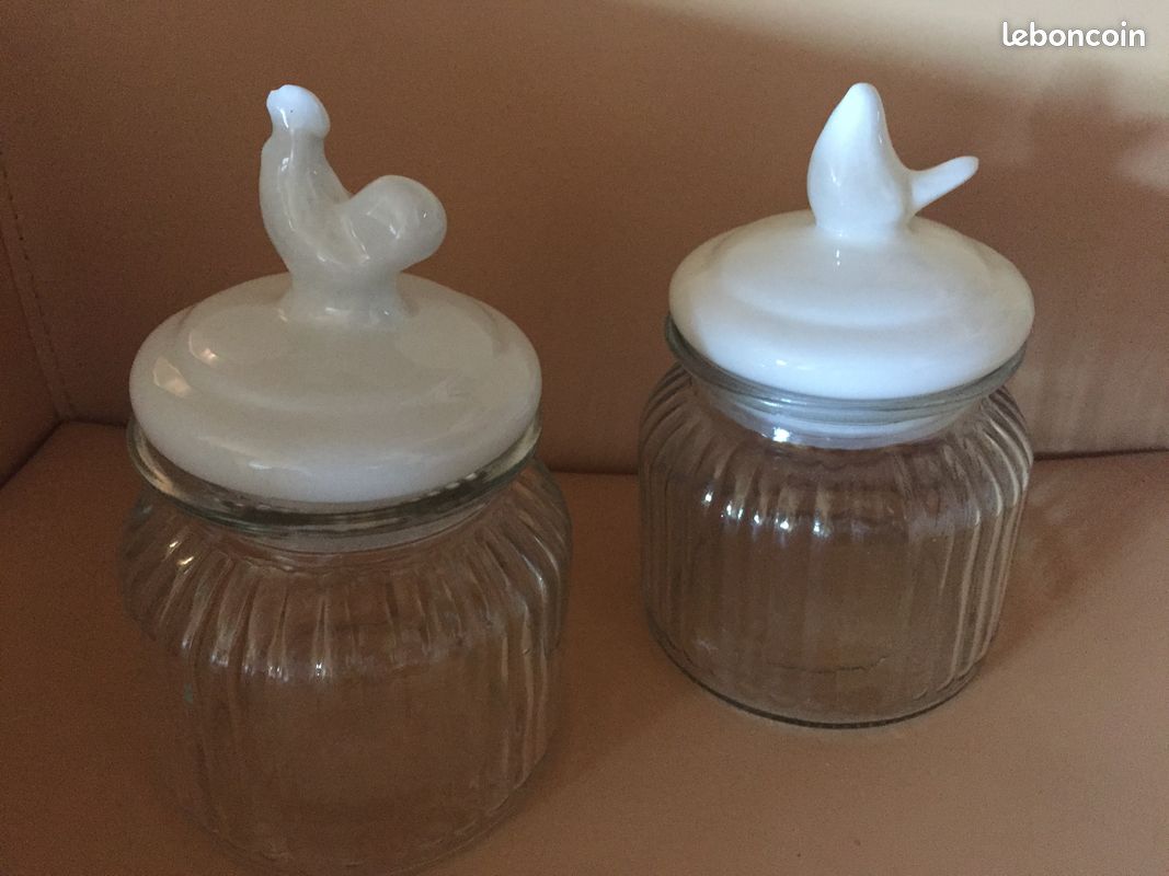 Bonbonnières en verre avec couvercle figurine coq et oiseau en céramique (image 7)