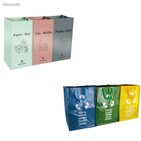 Système de tri sélectif - Lot de 3 sacs de recyclage réutilisables pour plastique, papier et Système de tri sélectif - Lot de 3 sacs de recyclage réutilisables pour plastique, papier et