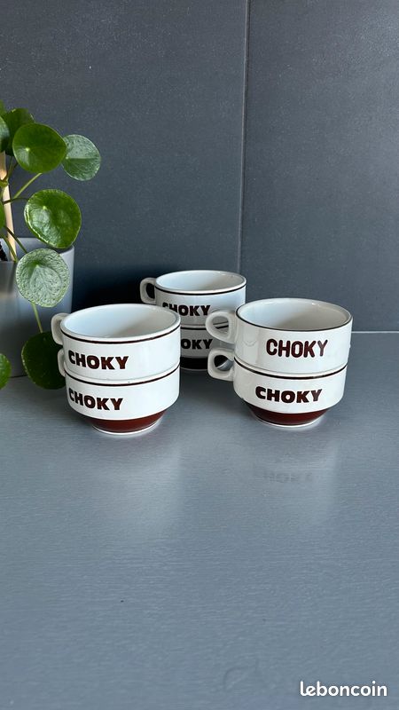 Lot De 2 Grandes Tasses à Café Arcopal Avec Soucoupes – Publicitaire Chocolat CHOKY Vintage, Blanc, Très Bon état