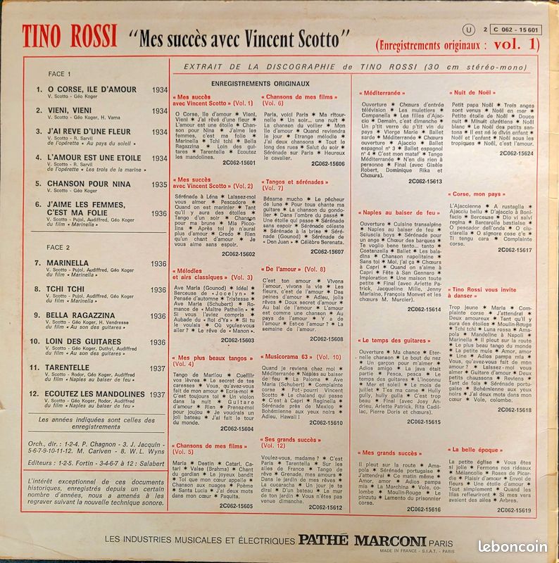 Tino Rossi « Mes succès avec Vincent Scotto » album N°1 disque vinyle 33T (image 2)