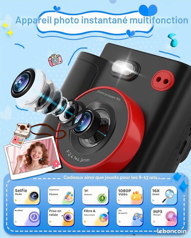 Appareil Photo Instantané Enfants Gofunly - 1080P, 32Go, Impression Sans Encre, 5 Rouleaux Offerts - Noir