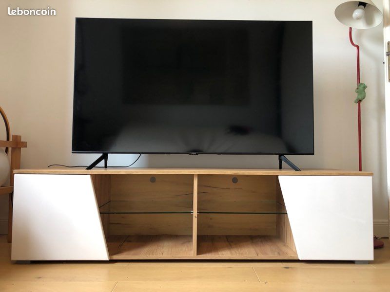 Meuble TV en bois - portes blanches et tablettes en verre - 162 cm (image 1)