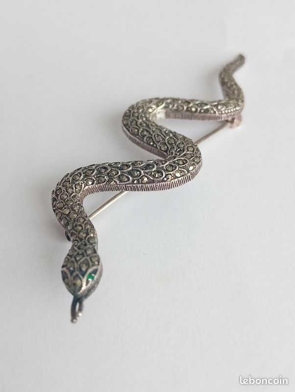 Broche Vintage Serpent En Argent 925 Et Marcassites - Poids 11 G, Occasion